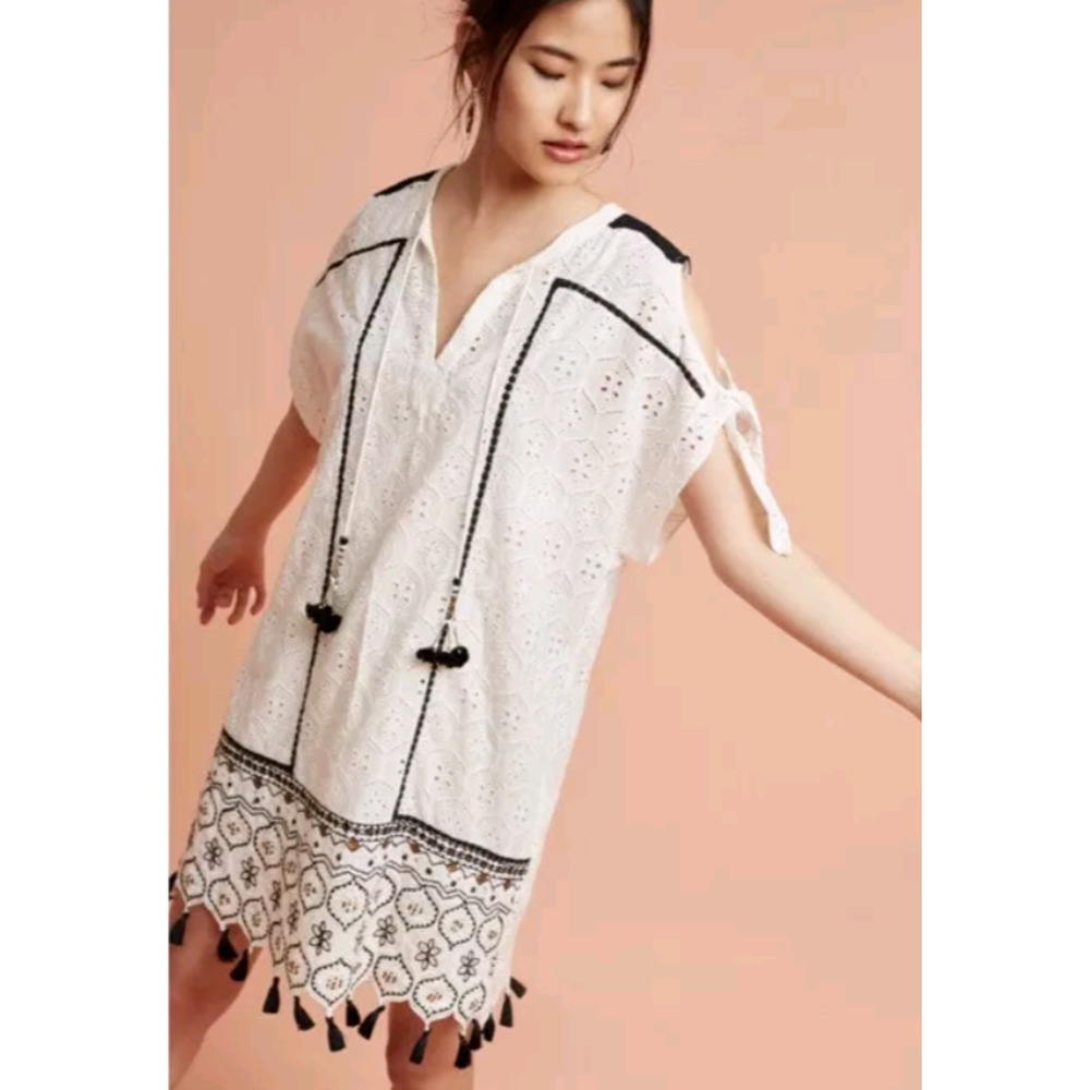 Hemant & Nandita Aditya Eyelet Lace Dress Size XS White Tunic Tassels Boho